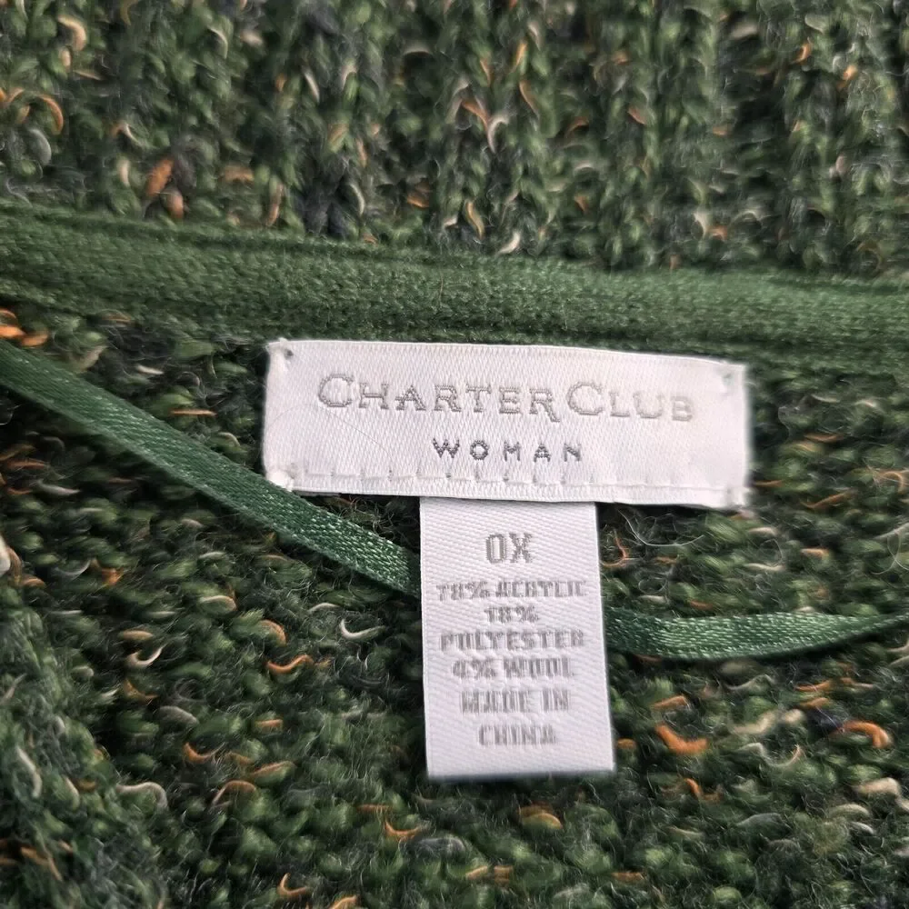 Charter Club Cardigan Women's 0X Green Button Closure V-Neck Lay Flat Collar